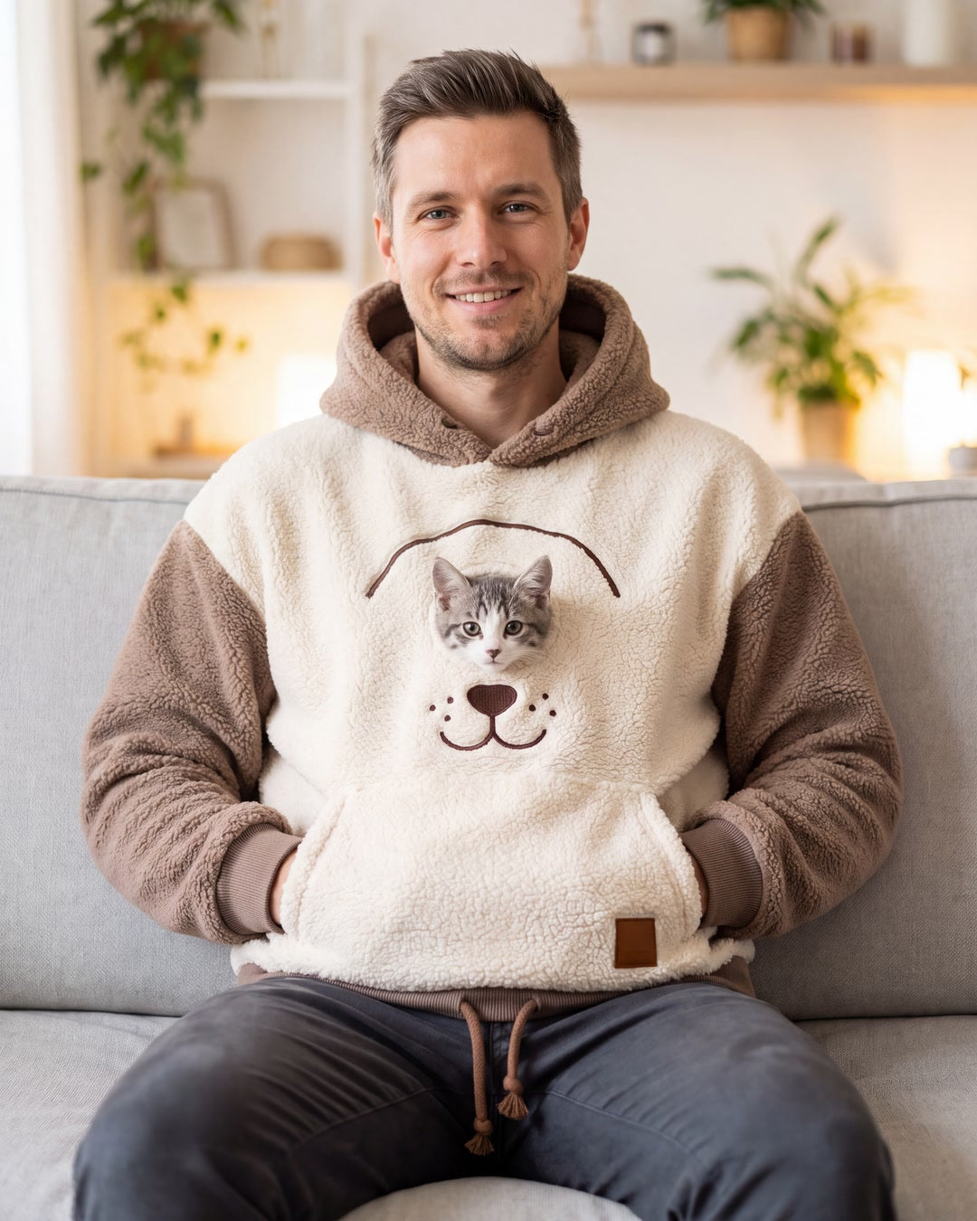 Hombre con la sudadera KangaPaw y su gato